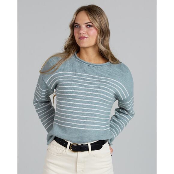 Downeast Sage Green/Cream Roll Neck Striped 100% Cotton Sweater Size M Coastal - Picture 1 of 8
